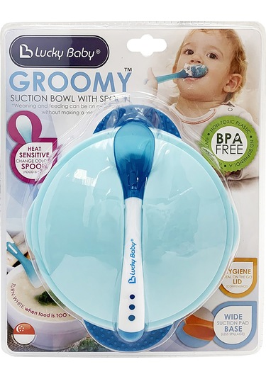 Samdoo Mavi Bebek Yemek Silikon Kase + Isil Duzenleyici Spoon, Pp + Silikon Malzeme, Sekerlekli Kapakli, Taşınabilir Çocuk Tabak 600295