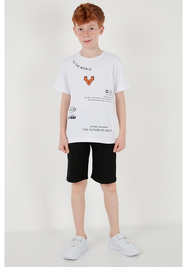 Lela Pamuklu Baskılı Bisiklet Yaka Kısa Kollu Şortlu Erkek Çocuk Takım 6212010 Beyaz