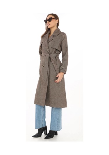 Kadın Balık Sırtı Yünlü Dokuma Kaşe Kaban Kruvaze Yaka, Kuşaklı, Cepli, Astarlı Uzun Boy Tesettür Vizon