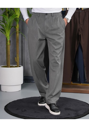 Modefendi Baggy Kesim Pile Detaylı Kumaş Pantolon Gri