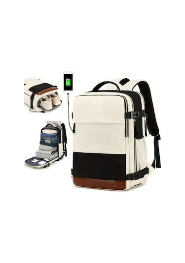 Createtech Usb Seyahat Çantası 15.6" Laptop Bölmeli, İş & Dağcılık Çantası, Bej Bej