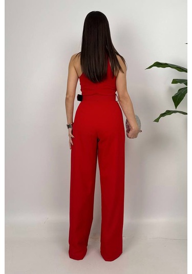 Amber Kadın Kemer Detaylı Askılı Bol Paça Kırmızı Tulum Rahat Şık Yazlık Kombin Kırmızı
