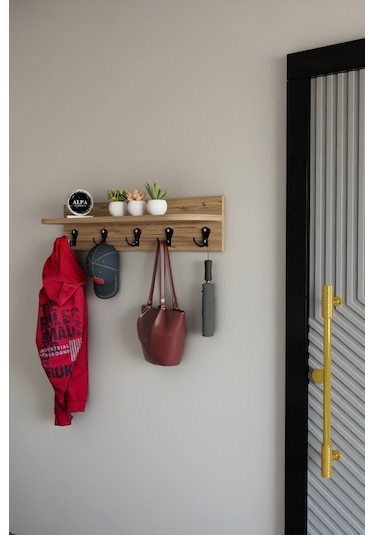 Alpa Ev Mobilya 5 Askılı Raflı Portmanto, Elbise Askılığı, Modern Duvar Organizer Askılık Atlantik Çam