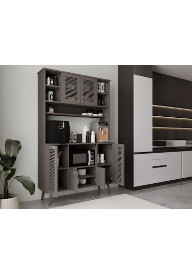 Kahve Köşesi 120 Cm %100 Mdf Panjur Kapak Çok Amaçlı Dolap Gri