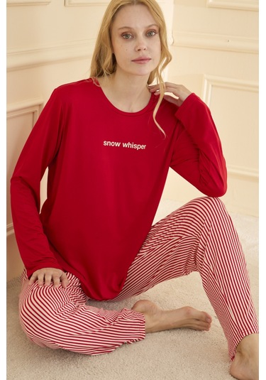 Mihra Kadın Pijama Takımı Uzun Kol Mevsimlik Kırmızı