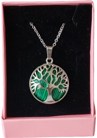 Malachıte Doğal Taşlı Hayat Ağacı Çelik Kolye - Kadın Yeşil