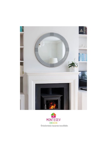 Safir Gümüş Dekoratif Ayna Yuvarlak Işlemeli Duvar Aynası 43 Cm Gümüş