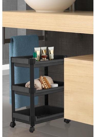 Flosoft 3 Katlı Tekerlekli Düzenleyici Raf, Mutfak Banyo Temizlik Katlı Organizer 22x36x48cm Siyah Siyah
