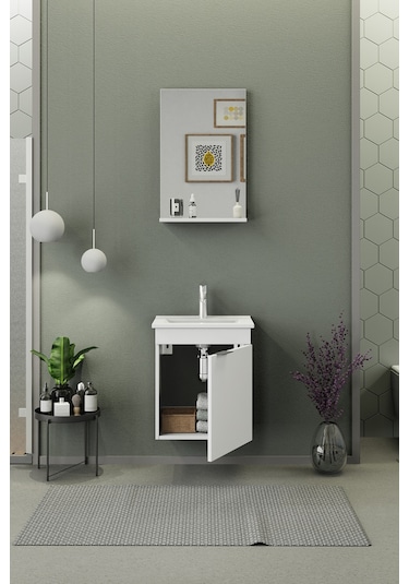 Biani Fix Arya Slım 50 Cm Banyo Dolabı,Seramik Lavabolu, Aynalı,Lavabo Dahil,Mdf,Mat Beyaz