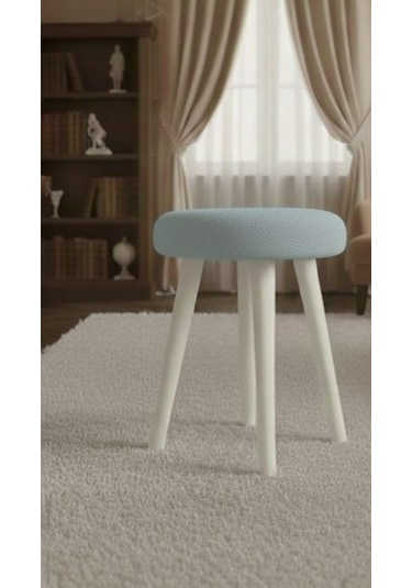 Gürgen Ahşap Retro Ayak Dekoratif Beyaz Pelüş Puf Tabure Gök Mavisi