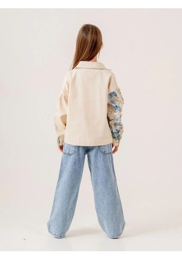 Kız Çocuk Çiçek İşlemeli Kot Ceket T-shirt İkili Takım-15600 Bej