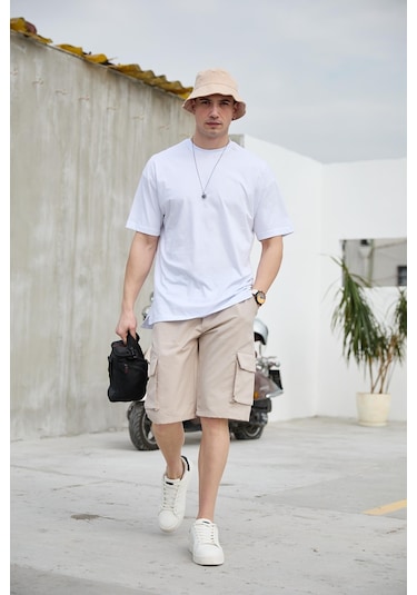 Bej Renk Kargo Cepli Paraşüt Kumaş Erkek Şort-1556 Bej