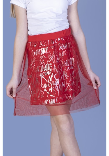 Toontoy Kız Çocuk Varak Baskılı Dantelli Etek Kırmızı