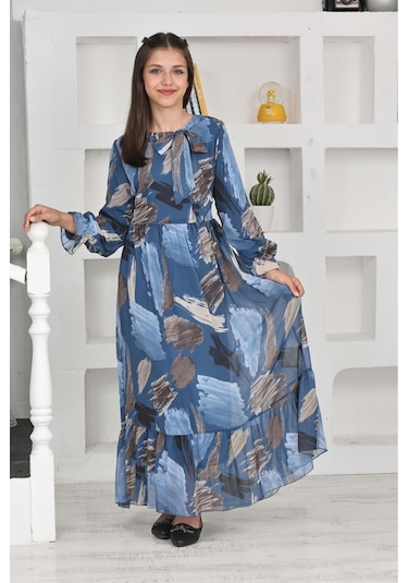 Genç Kız Pamuk Astarlı Şifon Kumaş Uzun Tam Boy Tesettür Elbise Mavi