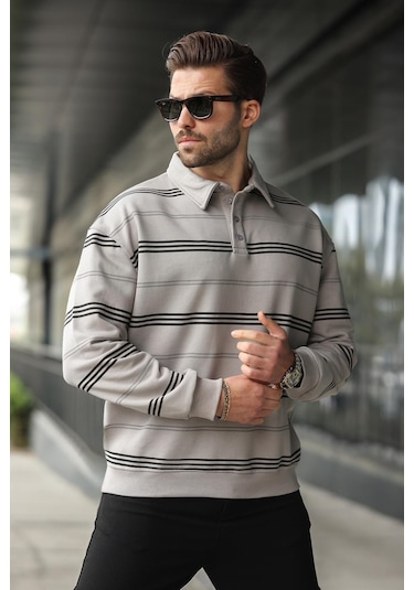 Madmext Boyalı Gri Çizgili Polo Yaka Erkek Sweatshirt E7172 Gri