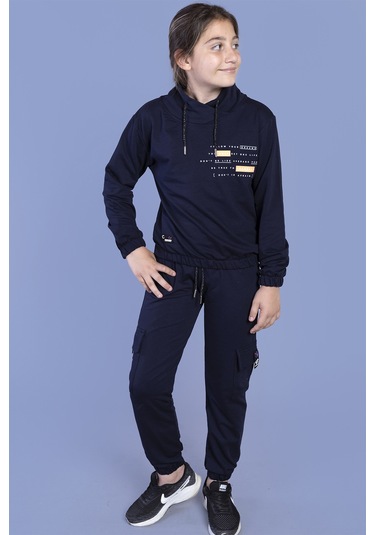 Toontoy Kız Çocuk Baskılı Balıkçı Yaka Eşofman Takımı Lacivert