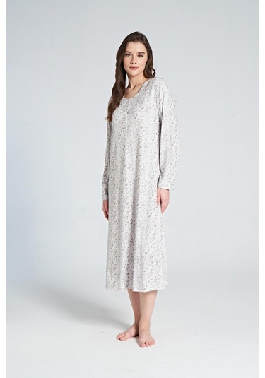 Pijadore 1066 Melisa Kadın Çiçek Desenli Uzun Kol Gecelik Gri