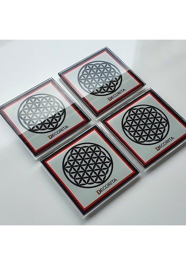 Decorita Cam Bardak Altlığı Decorita Logolu Kırmızı - Siyah 4'lü Takım 10 x 10 CM Kırmızı - Siyah