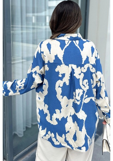 Kadın İndigo Uzun Kol, Arkası Pliseli, Salaş Dökümlü, Viskon Gömlek Indigo