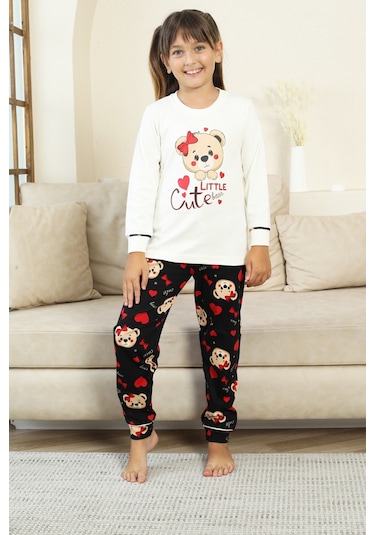 Kız Çocuk Ayıcık Baskılı %100 Pamuk İnterlok Kumaş Pijama Takımı 12347 Ekru