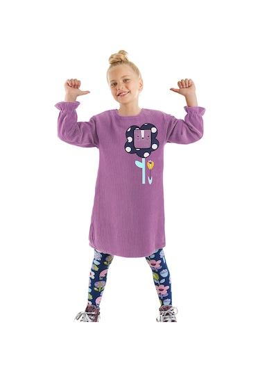 Denokids Çiçekli Kız Çocuk Lila Kadife Elbise Renkli