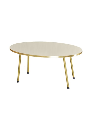 Zigon Sehpa Ve Orta Sehpa Elips Gold Metal Ayak Gold Krem Set