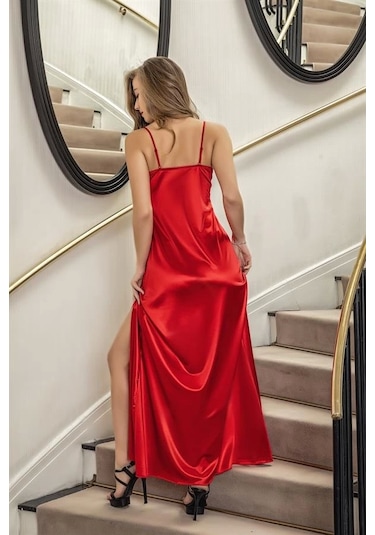Dantelli Uzun Yırtmaçlı Saten Gecelik Elbise String Takım Kırmızı Mgp31512 Kırmızı