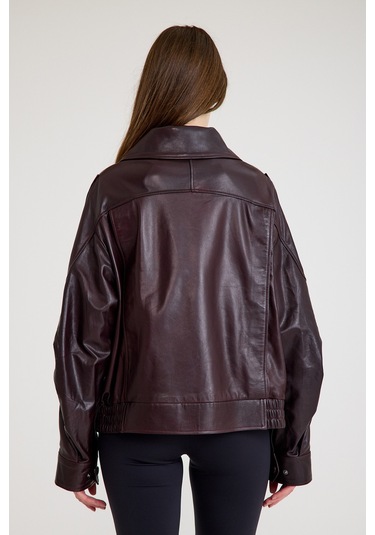 Oversize Kısa Bayan Deri Ceket Vb-14-bk-2847-24115 Bordo