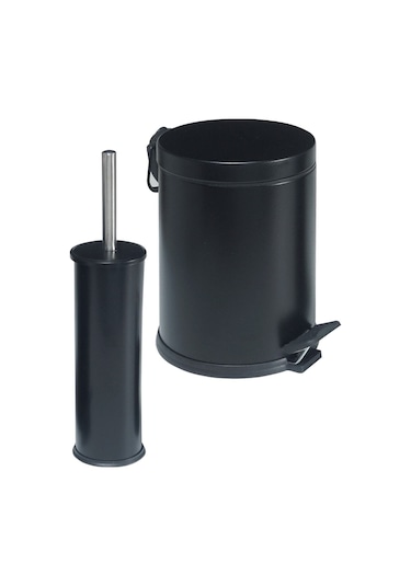 Siyah Renkli Paslanmaz Pedallı 12 Lt Çöp Kovası - Klozet Fırçası 2'li Banyo Seti Siyah