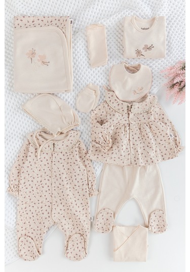 Çiçek Desenli 10'lu Kız Bebek Hastane Çıkışı Bebek Takımı Bej