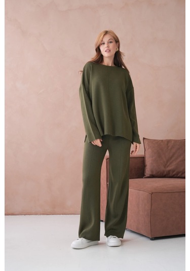 Kadın Bisiklet Yaka Düşük Kol Kazak Pantolon İkili Triko Takım Haki