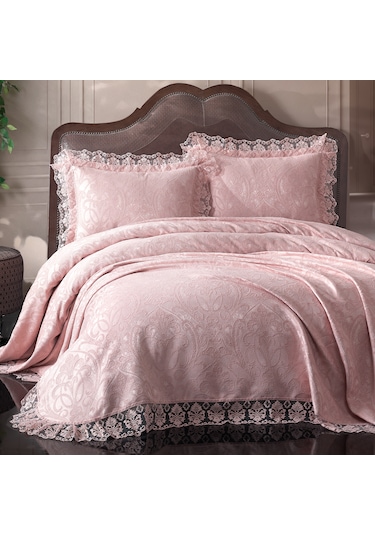 Birhome Violet Dantelli Çift Kişilik Yatak Örtüsü Takımı Pudra