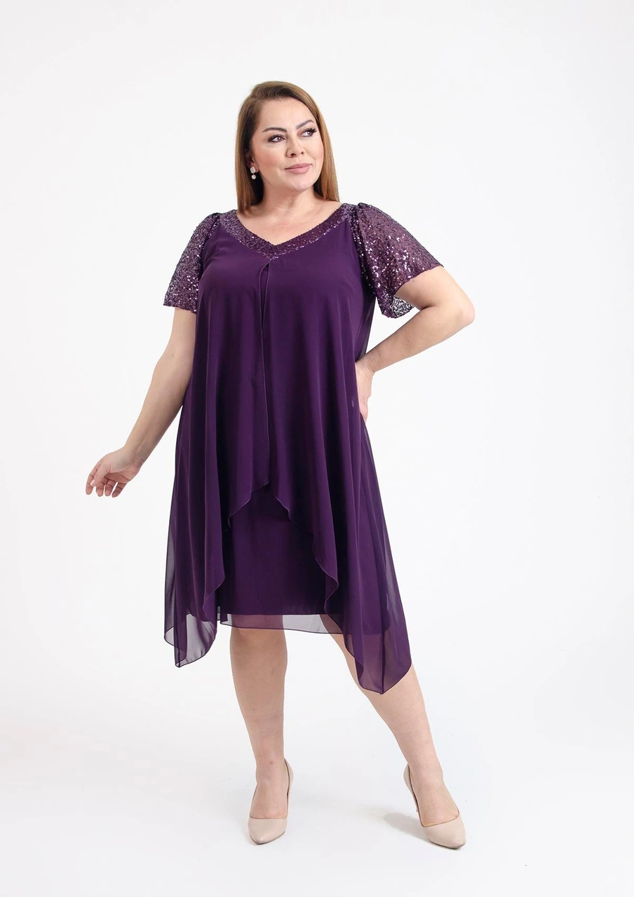 Büyük Beden Mürdüm Renkli V Yakalı Pul Payet Detaylı Şifon Kısa Abiye Elbise Koyu Mürdüm