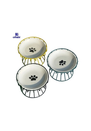Willowhaven Yeşil Pençe Desenli Yükseltilmiş Seramik Kedi Kabı Metal Standlı