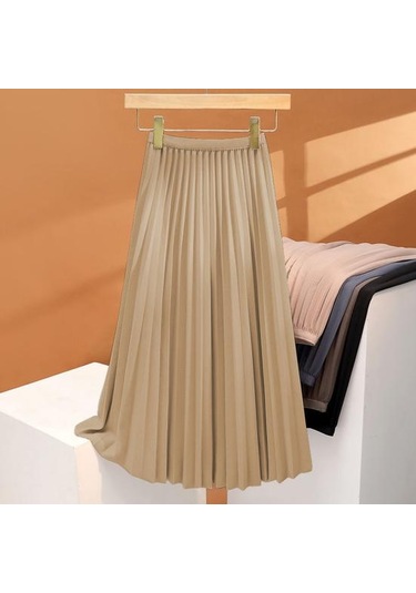 Kadın Pileli Etek Elastik Yüksek Bel A Kesim Uzun Etek Düz Renk Rahat Kumaş Çok Yönlü Etek Günlük Giyim Beyaz