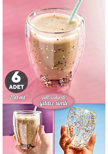 6'lı Çift Cidarlı Bardak Yıldız Simli Kahve Sunum Kokteyl Bardağı Isıya Dayanıklı Borosilikat 250ml