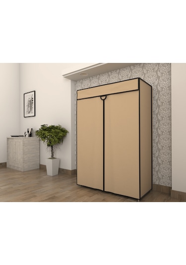 Çelik Borulu Bej Bez Dolap Gardrop Bej