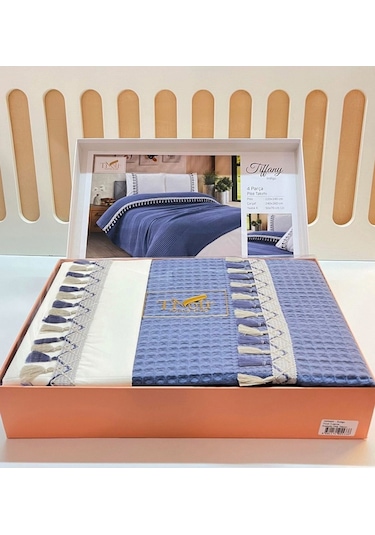 Çift Kişilik 4 Parça Püsküllü Havuz Pike Takımı Indigo