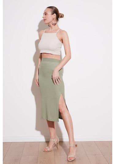 Lela Yüksek Bel Yırtmaçlı Dar Kesim Midi Bayan Etek 5865600 Olive