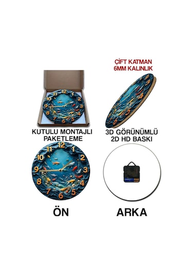 Akvaryum Ve Balık Temalı Mdf Duvar Saati 3d Görünümlü, Sessiz Quartz Mekanizma, 2d Hd Baskı Sdw243 Renkli
