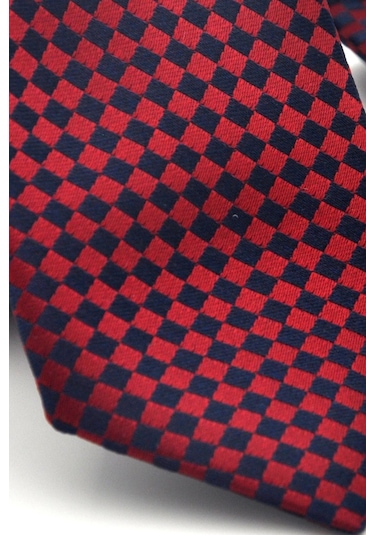 Lacivert Piti Kare Desenli Bordo Dokuma Kumaş Mendilli Slim Fit Kravat // Sdk-2503-6 Bordo