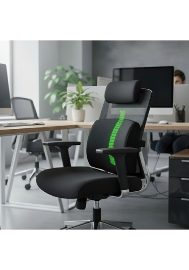 Ergonomik Bel Destek Yastığı - Ofis Koltuk Sırt Minderi - Nefes Alabilir Hafızalı Sünger Bel Yastığı Siyah