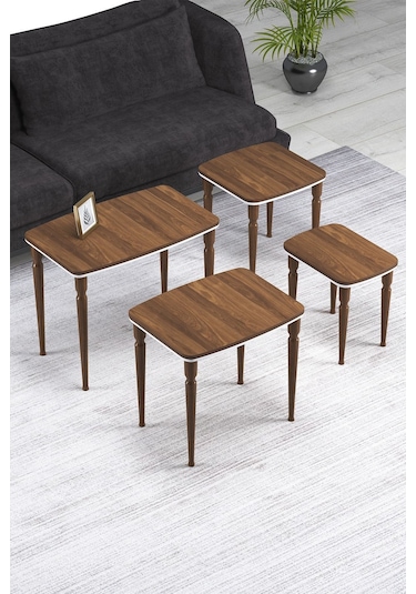 Imaj Mdf Ve Lake Boya, Ceviz-beyaz 4lü Zigon Sehpa Takımı, Ceviz Gürgen Ayaklar Sehpalar Ceviz-beyaz Ayaklar Ceviz