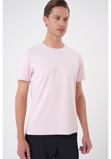 Comfort Fit Bisiklet Yaka Esnek Pamuk Casual Pembe Tişört Ts 885 Pembe