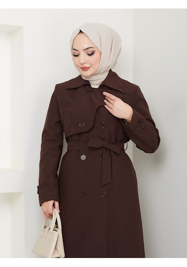 Amazon Keten Kumaş Uzun Boy Düğmeli Astarlı Yumuşak Dokulu Trenç Kot Koyu Kahve Koyu Kahverengi