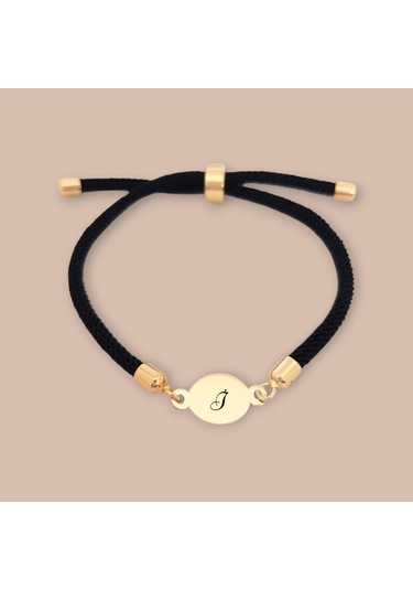 İ Harfine Özel İpek Örgülü 14 Ayar Altın Plakalı Oval Motifli Hediye Bileklik-320harf-siyah Altın
