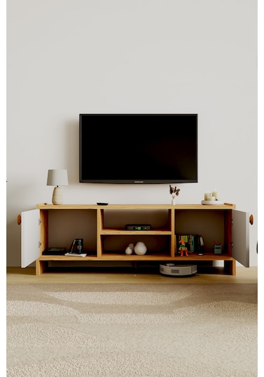 Molde Bohem Tv Sehpası Mdf Membran Kapaklı Raflı Tv Ünitesi Televizyon Sehpası Atlantik Çam - Beyaz