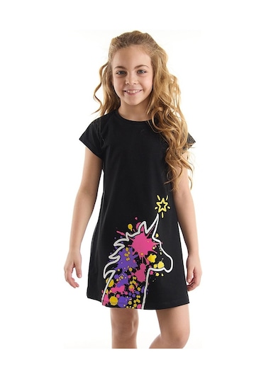 Denokids Mushi Unicorn Splash Kız Çocuk Elbise Siyah