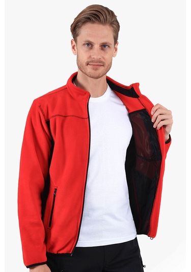 Çift Renkli Polar Ceket Kırmızı - Siyah