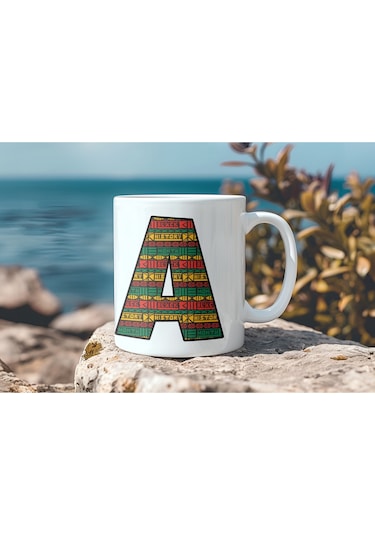 A Harfi Etnik Desenli Kupa - Afrika Tarzı Kahve Çay Kupası - Hediyelik - Black History Beyaz